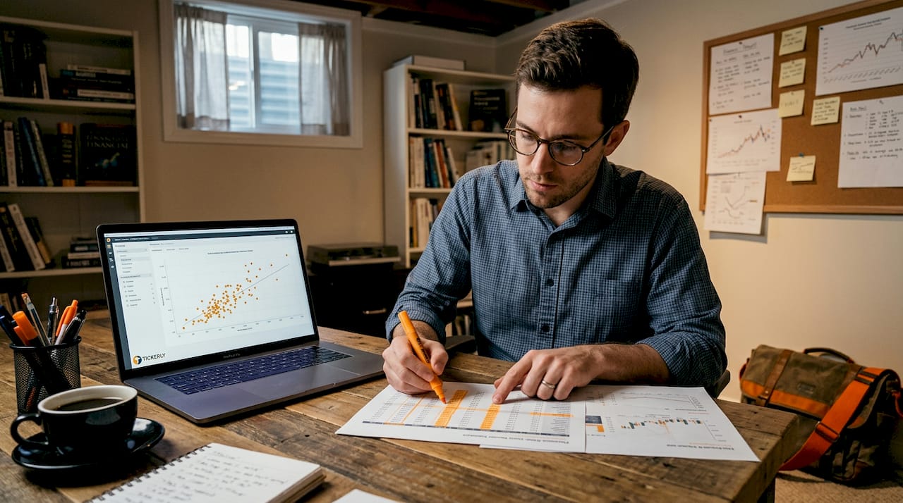 Analyst reviews trading features at desk with charts