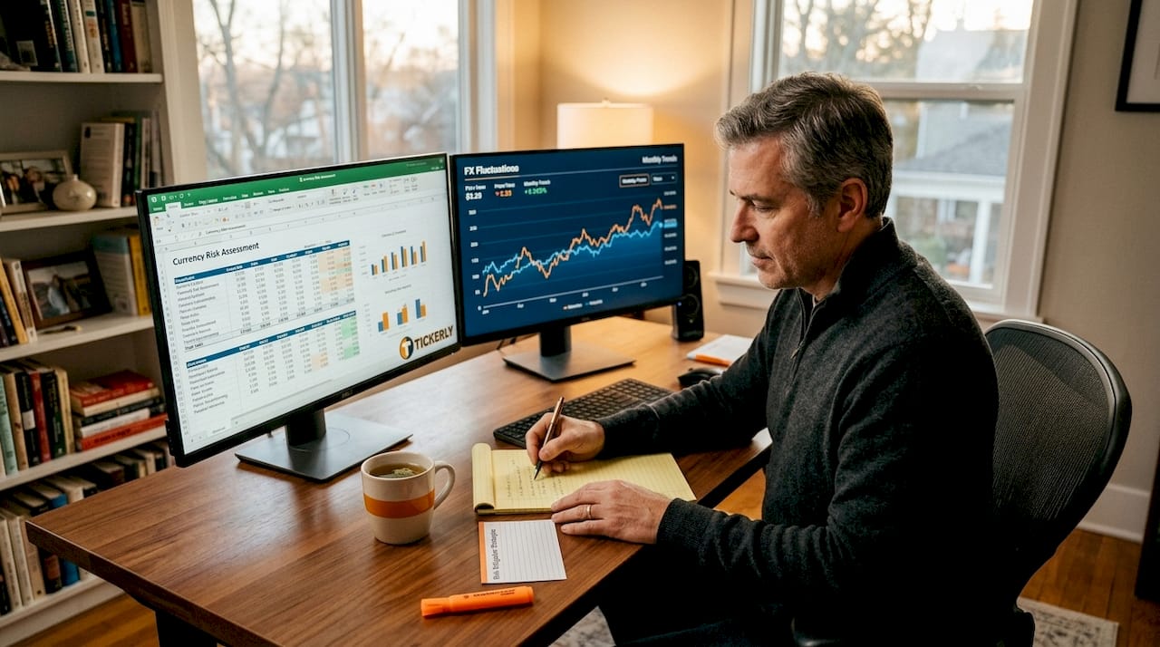 Professional reviewing forex risk management report at desk
