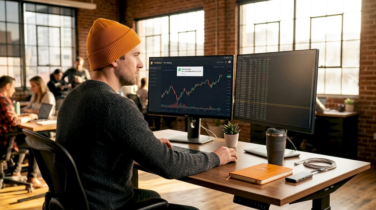 Trader at desk monitoring trade executions
