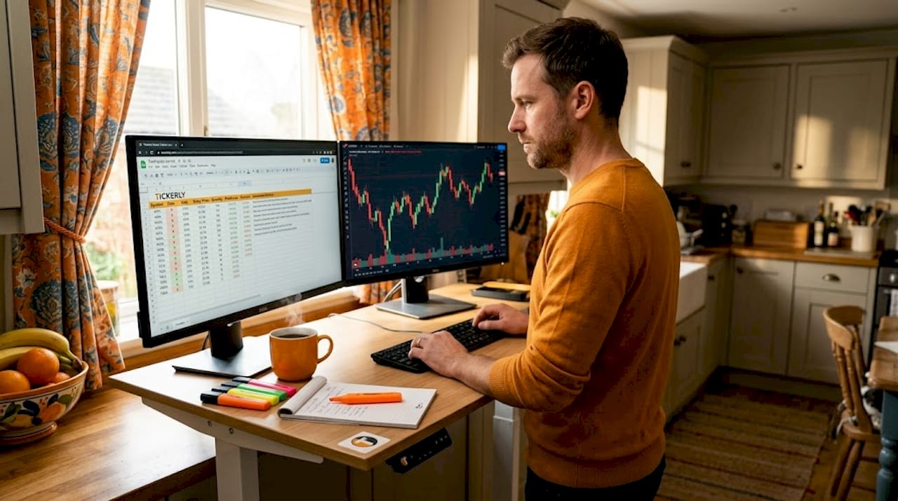 Trader reviewing automated journal on dual monitors