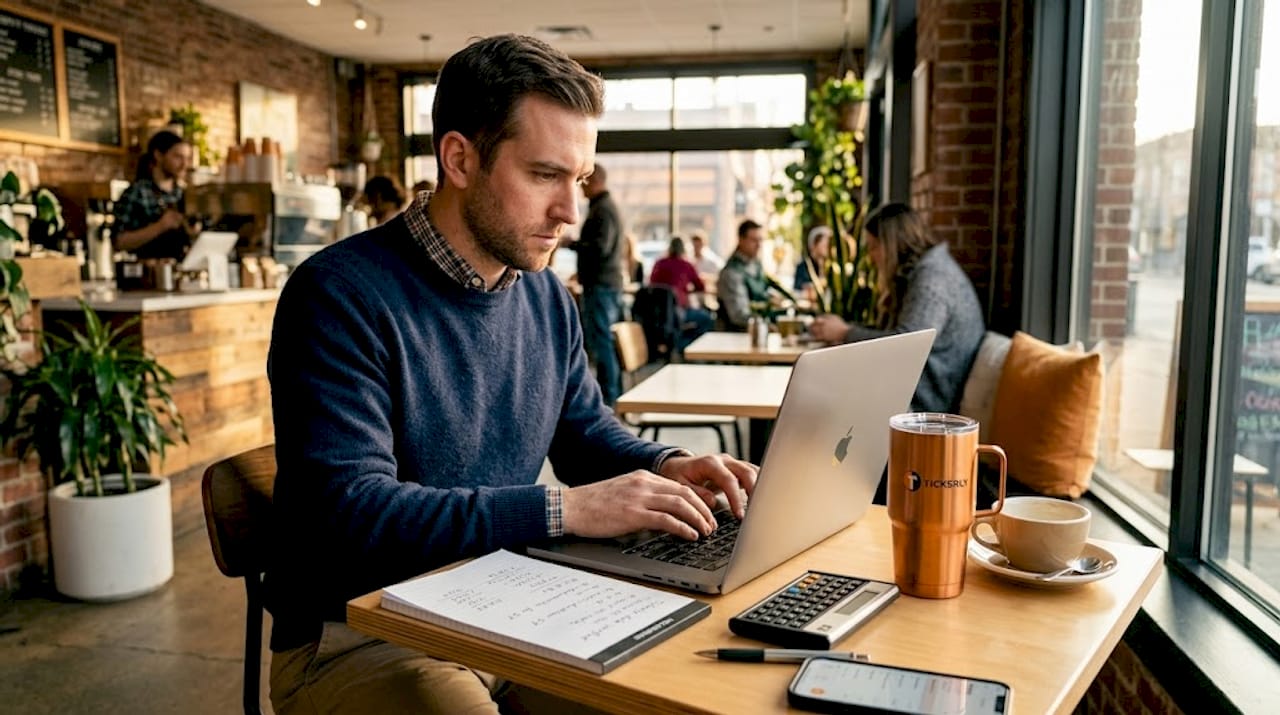 Trader calculating position size at home desk