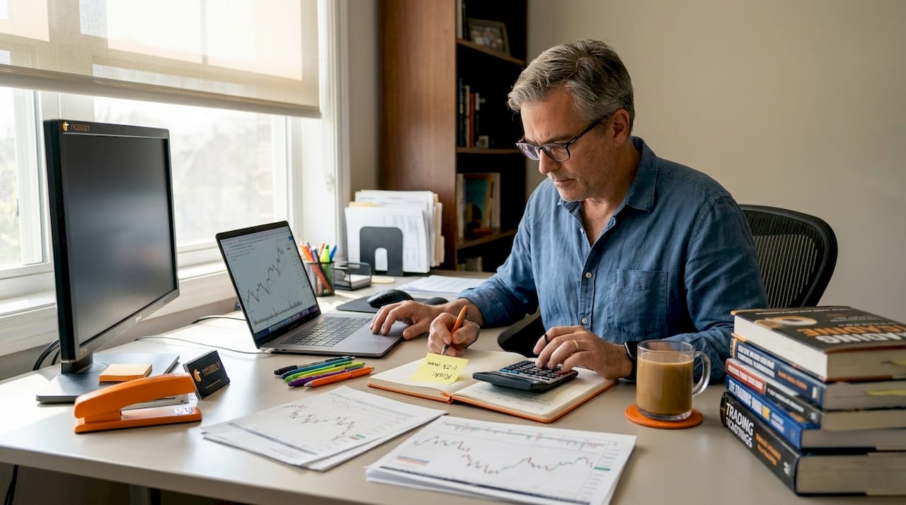 Trader calculates risk at home desk