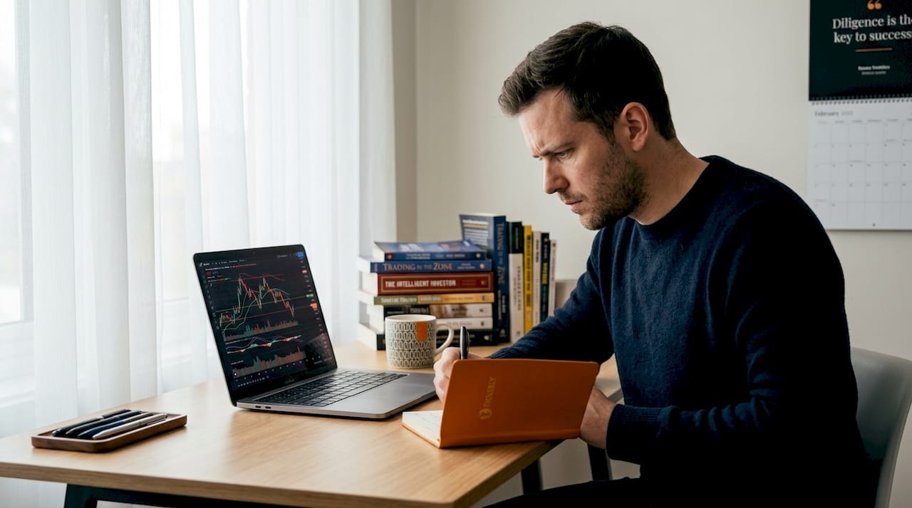 Trader writing notes at desk during market session