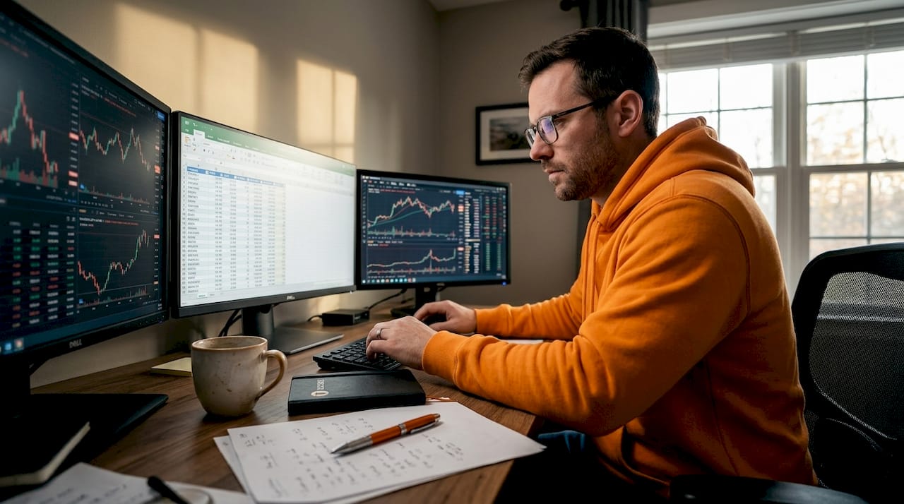 Trader working with multiple trading screens in home office