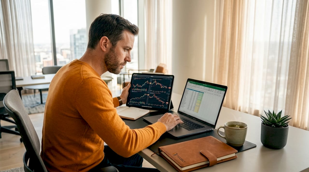 Trader reviewing charts on laptop in home office