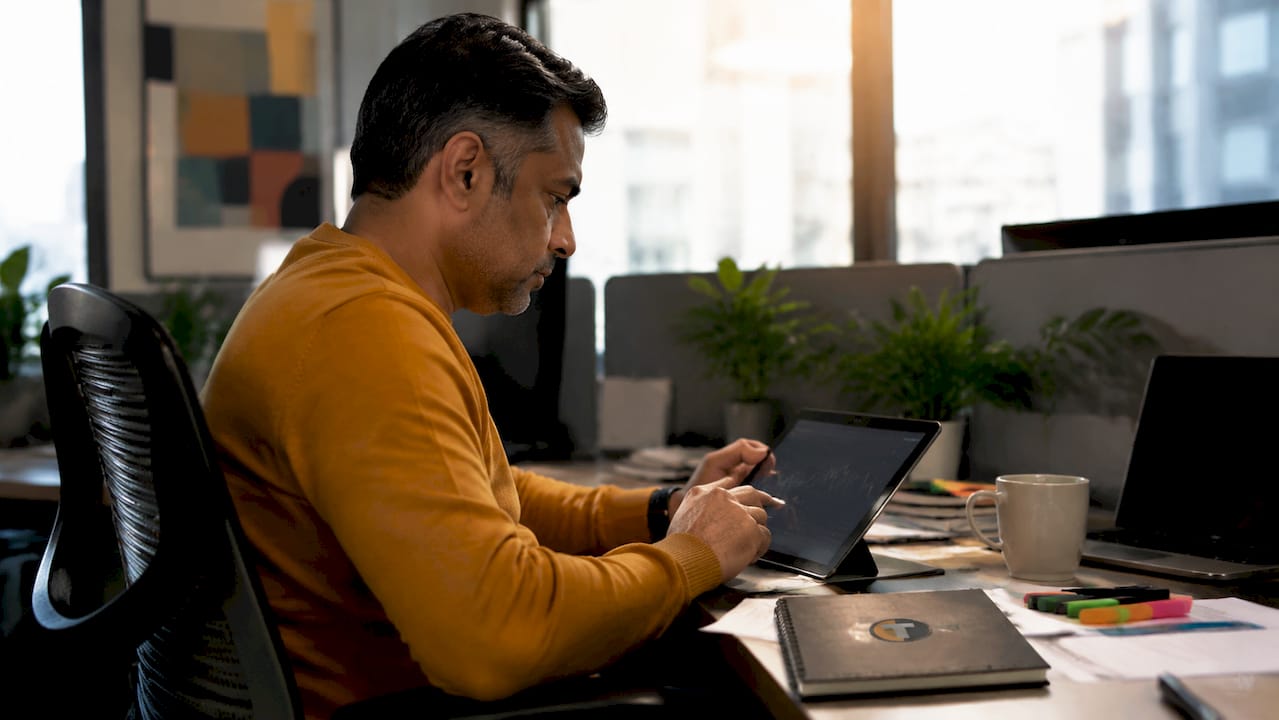Trader configuring automated system in office