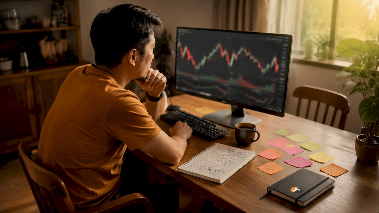Trader studying candlestick charts at desk