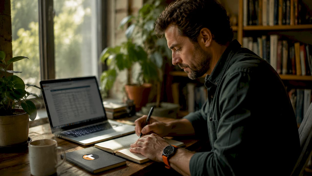 Trader journaling trades on laptop in home office