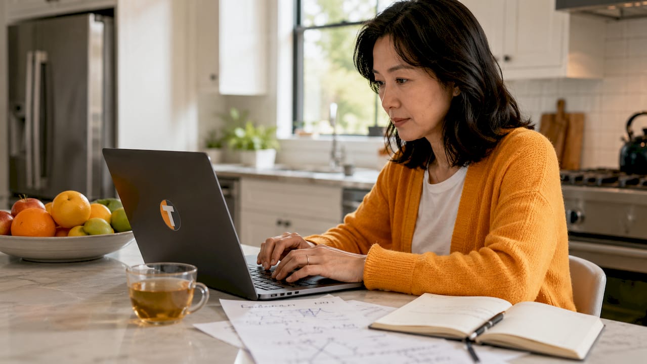 Woman configuring grid trading bot on laptop