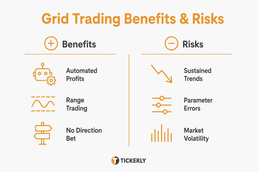 Infographic showing grid trading benefits versus risks
