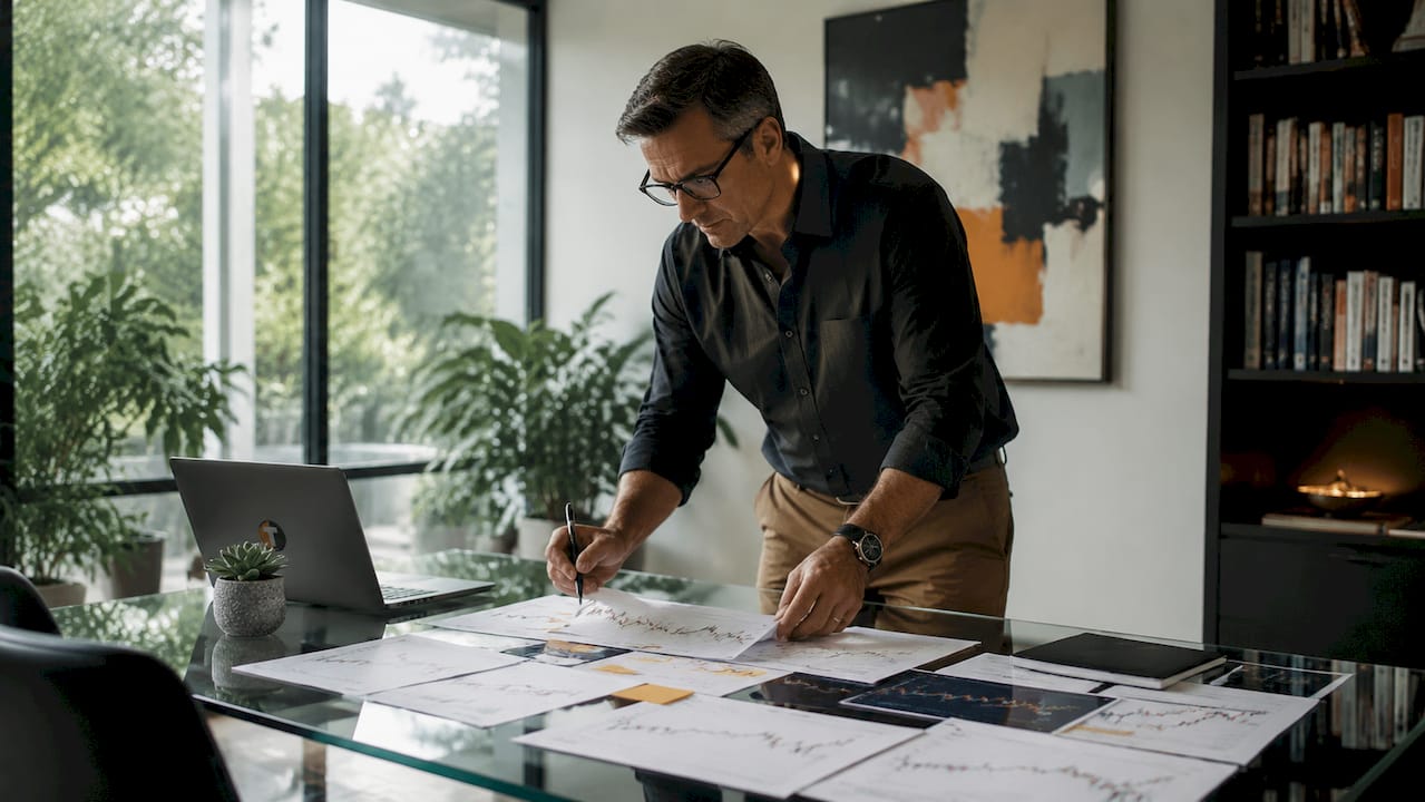 Trader analyzing charts and notes at desk