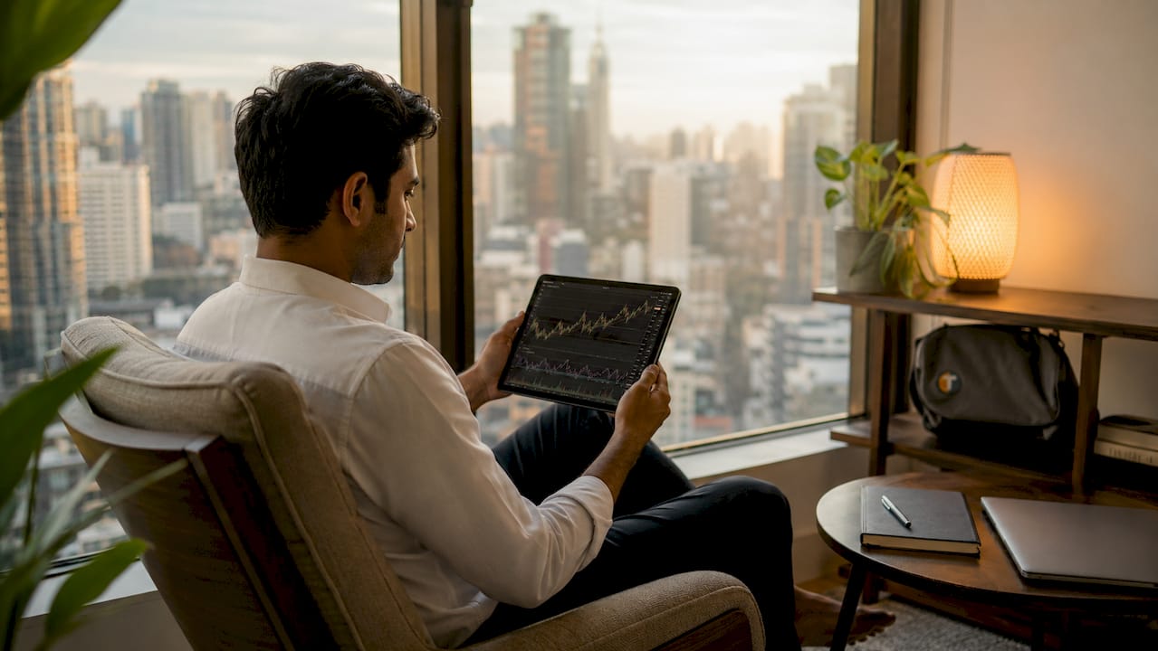 Trader analyzing RSI indicator chart at desk
