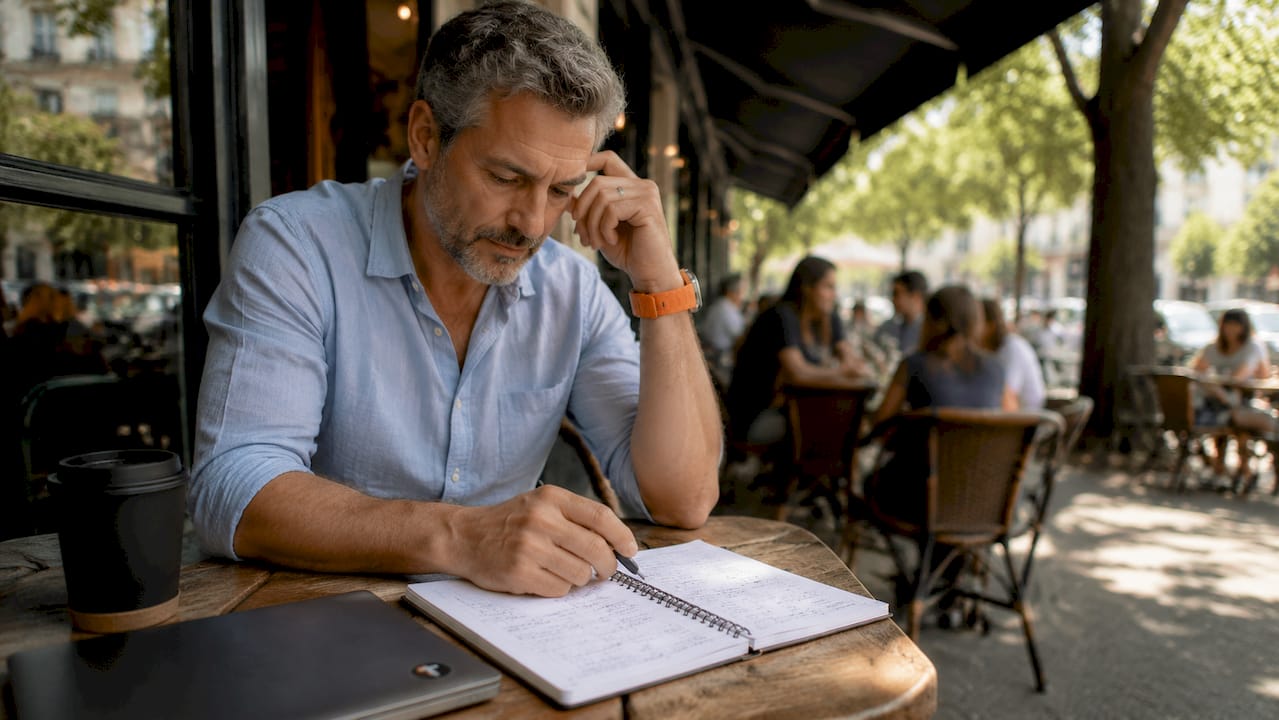 Trader reviewing a printed trading log