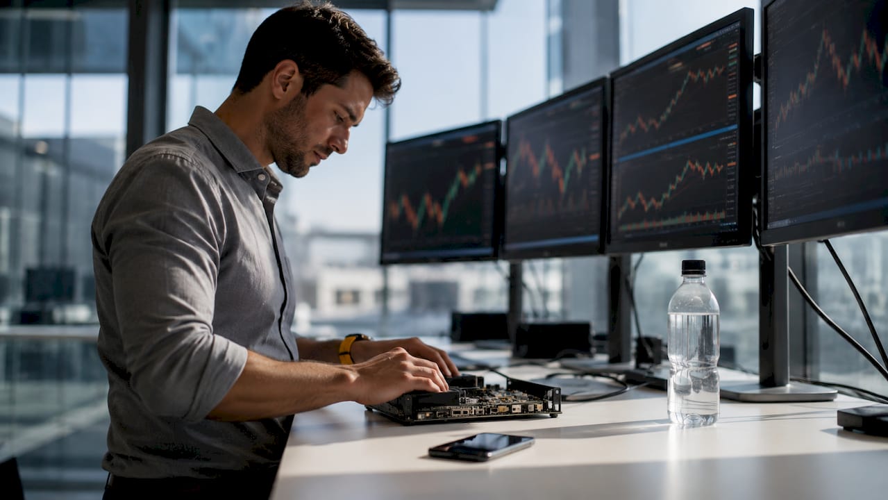 Trader working with HFT hardware setup indoors