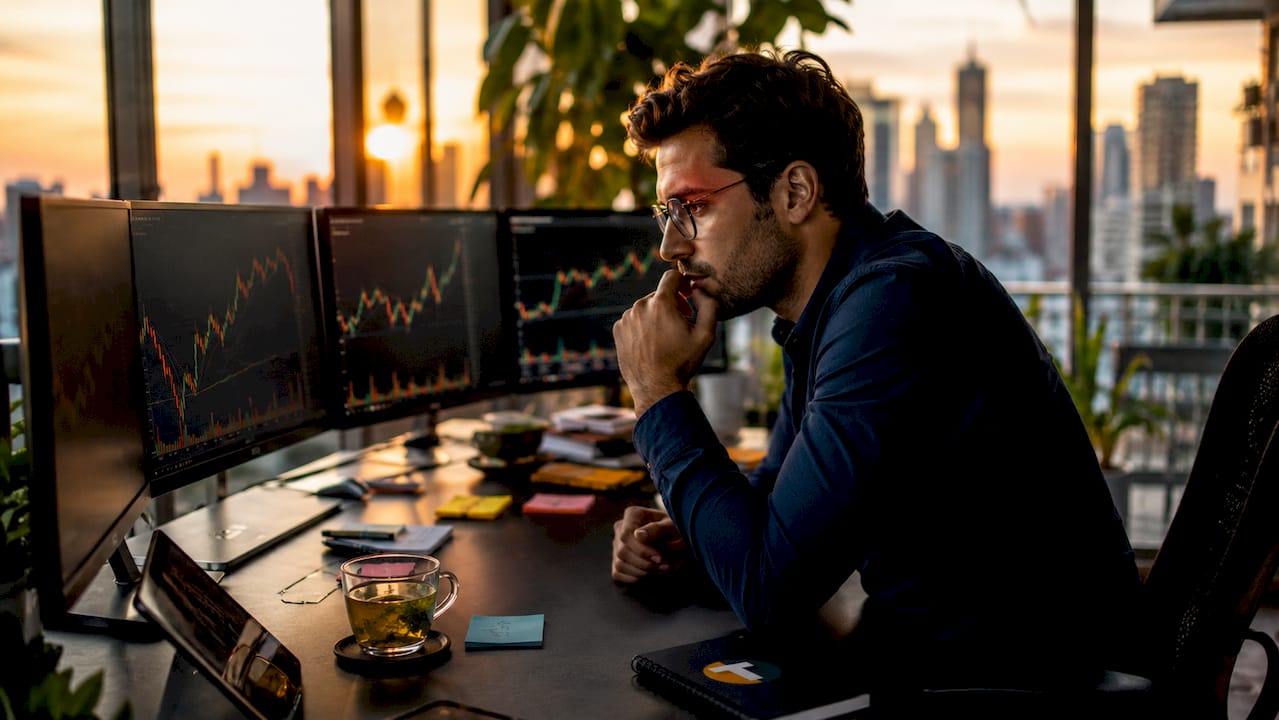 Man analyzing stock charts at desk