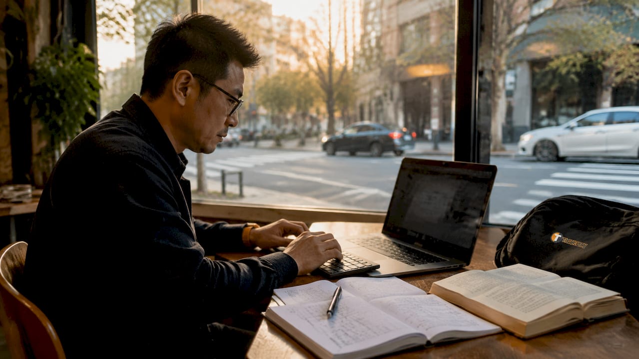 Trader adjusting trading system parameters in office