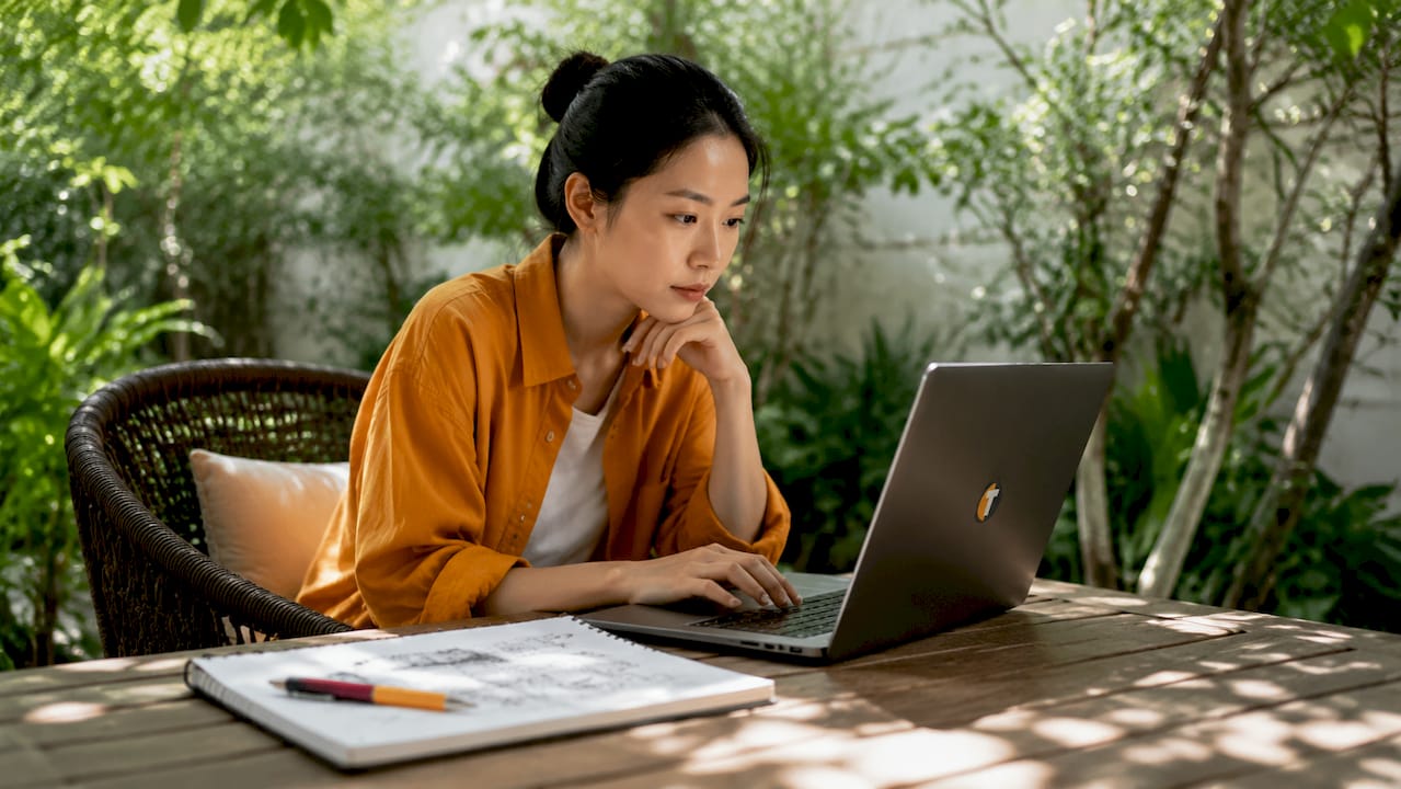 Woman practicing paper trading on laptop