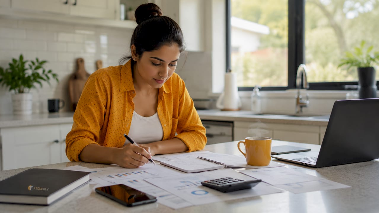 Trader analyzing financial charts at home desk