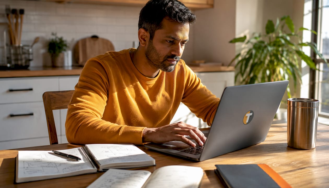 Trader calculating risk on desktop computer