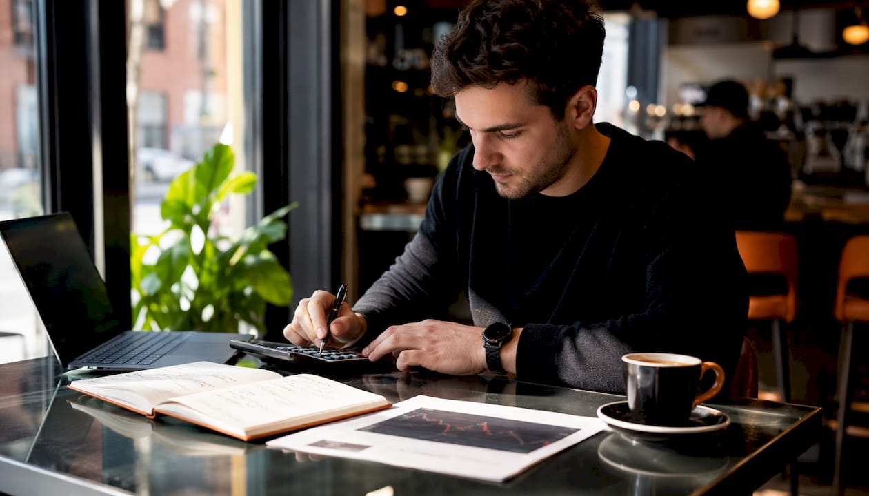 Trader calculating position sizing at desk
