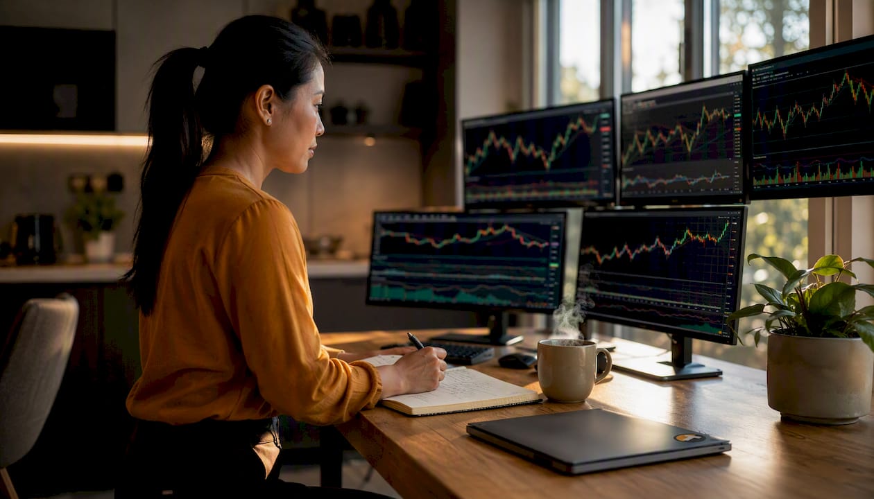 Trader organizing charts at home desk