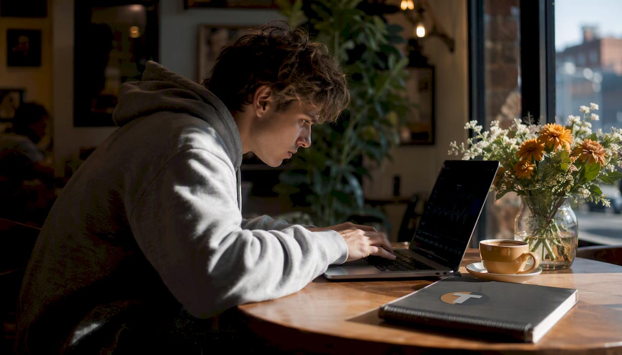 Trader tense at desk with monitors sideways view