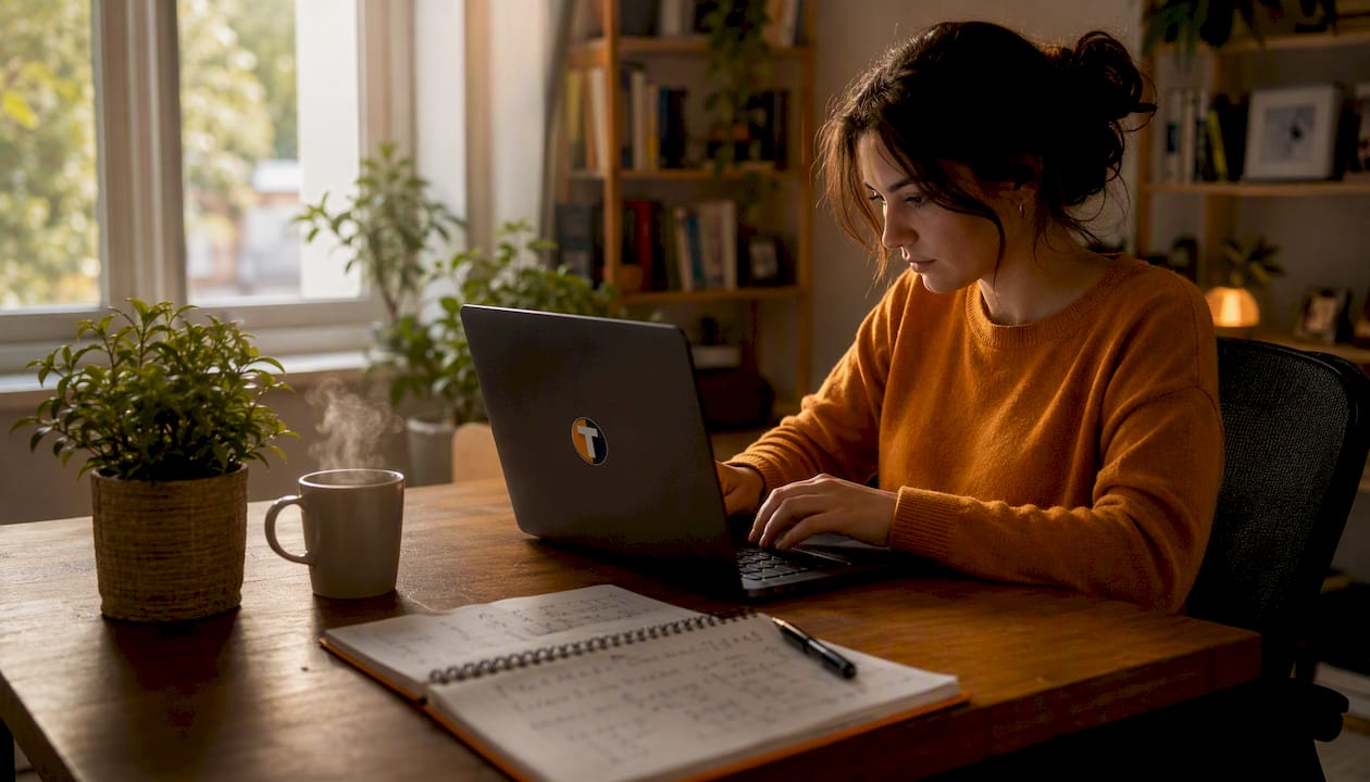 Woman calculating trade size formulas on laptop