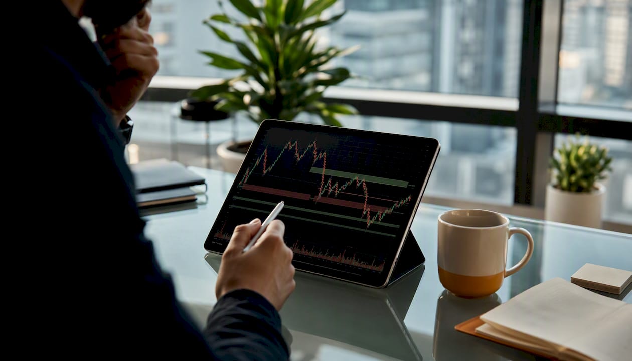 Desk with reflected chart showing gap support and resistance