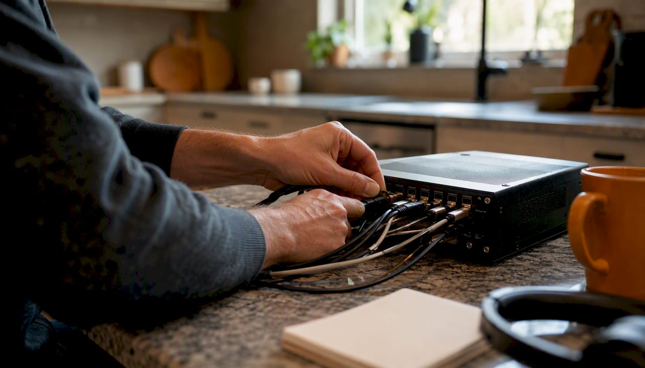 Trader connecting trading hardware cables