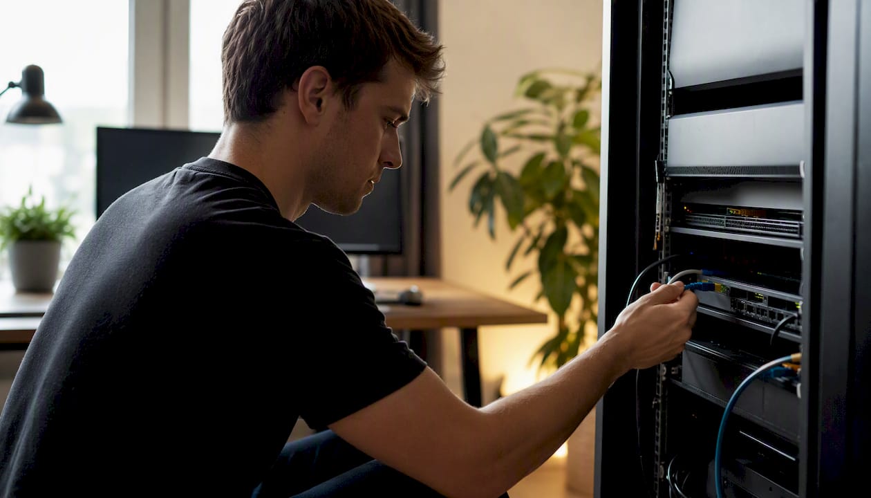 Hands connecting network cable in server setup