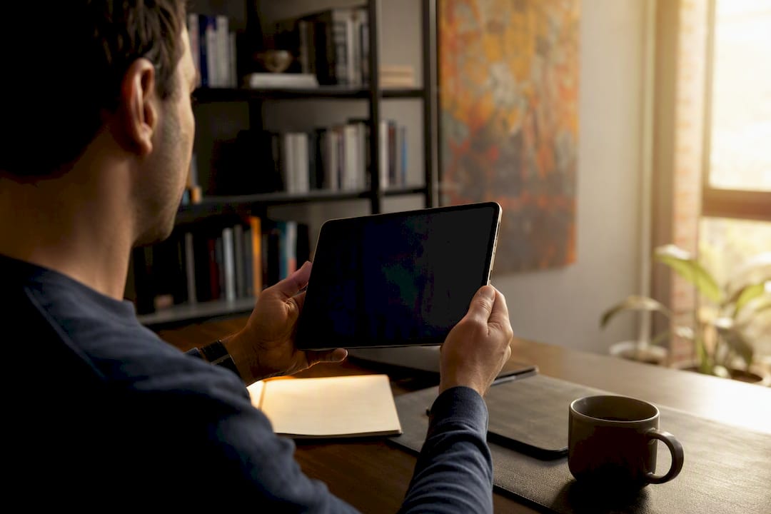 Hands holding tablet with trading metrics