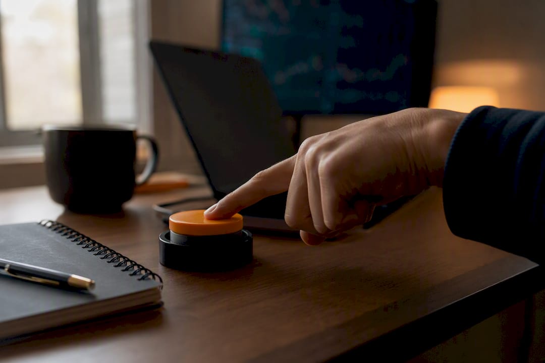 Hand pressing emergency stop button in trading setup
