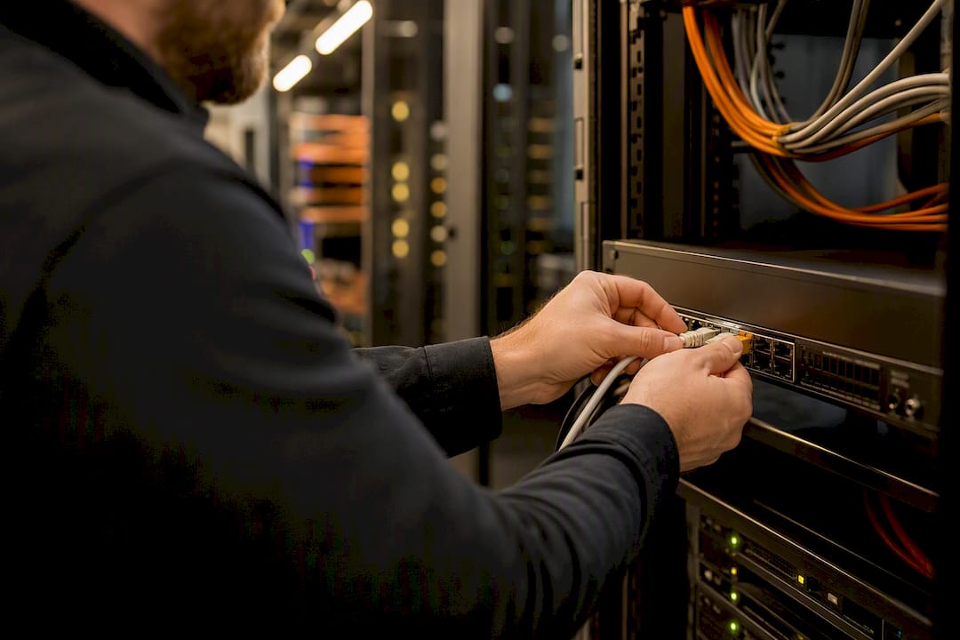 Hands securing network cable into server hardware