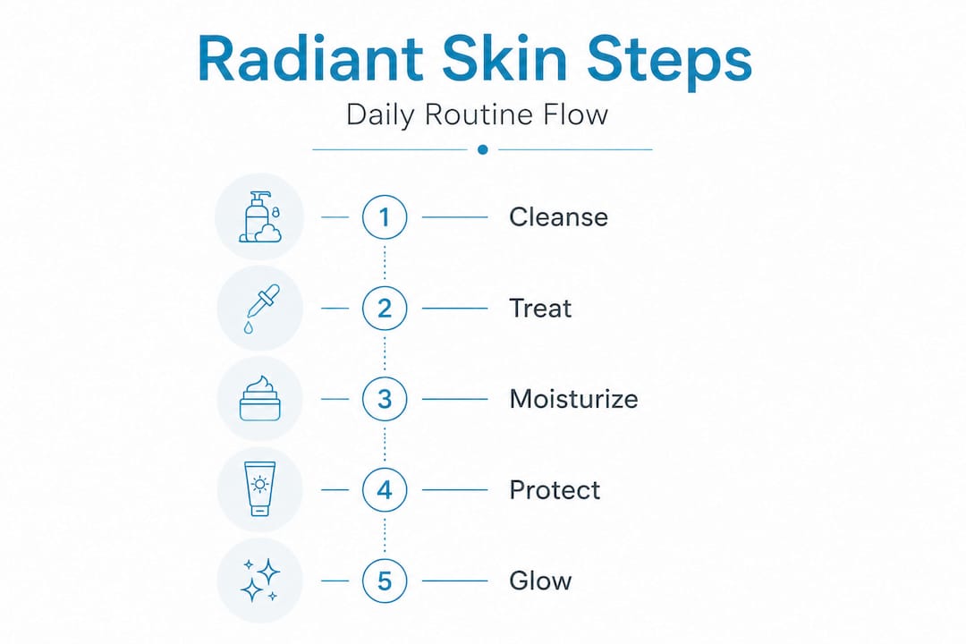 Infographic of daily glowing skin routine steps