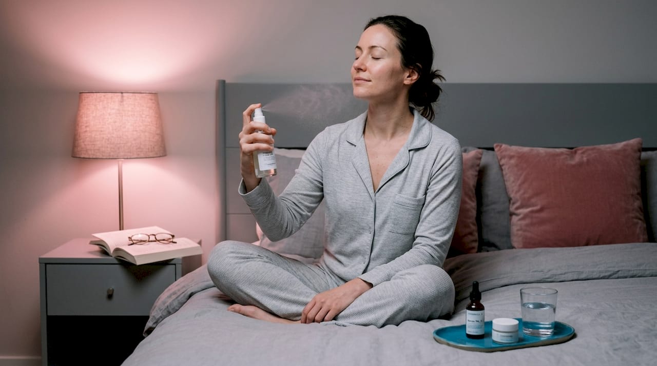 Woman layering skincare in cozy bedroom