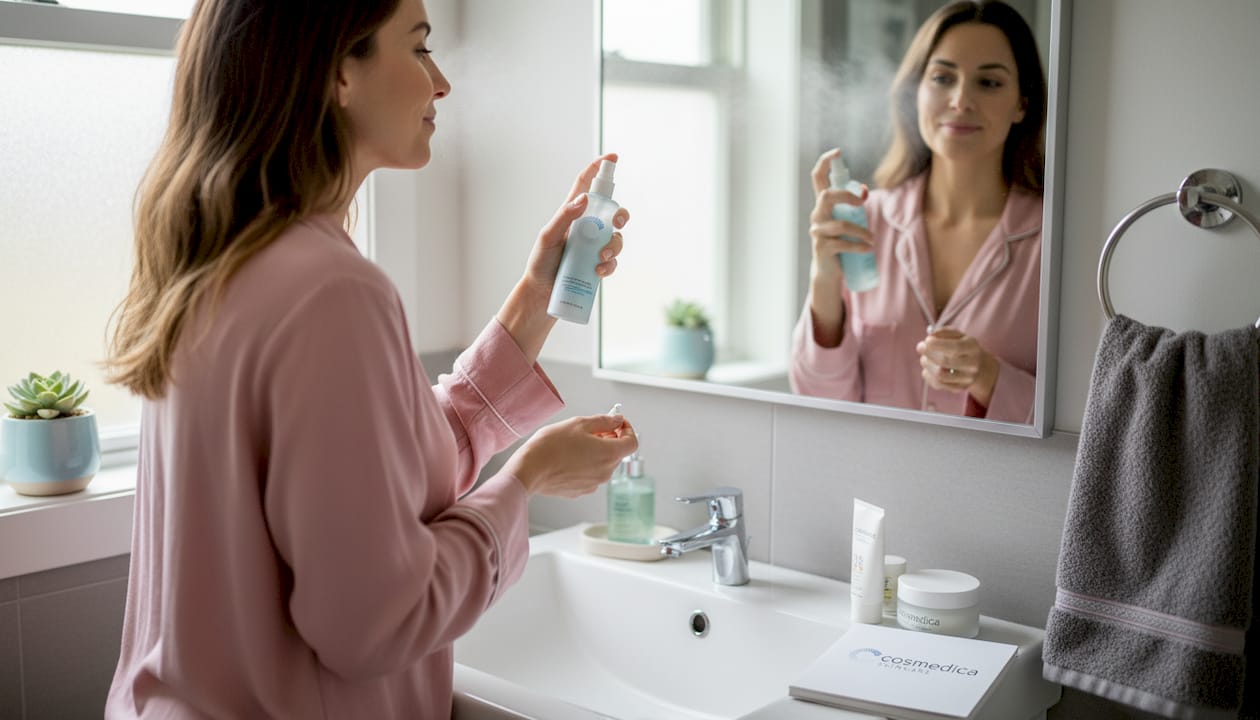 Woman applying facial spray in bright bathroom