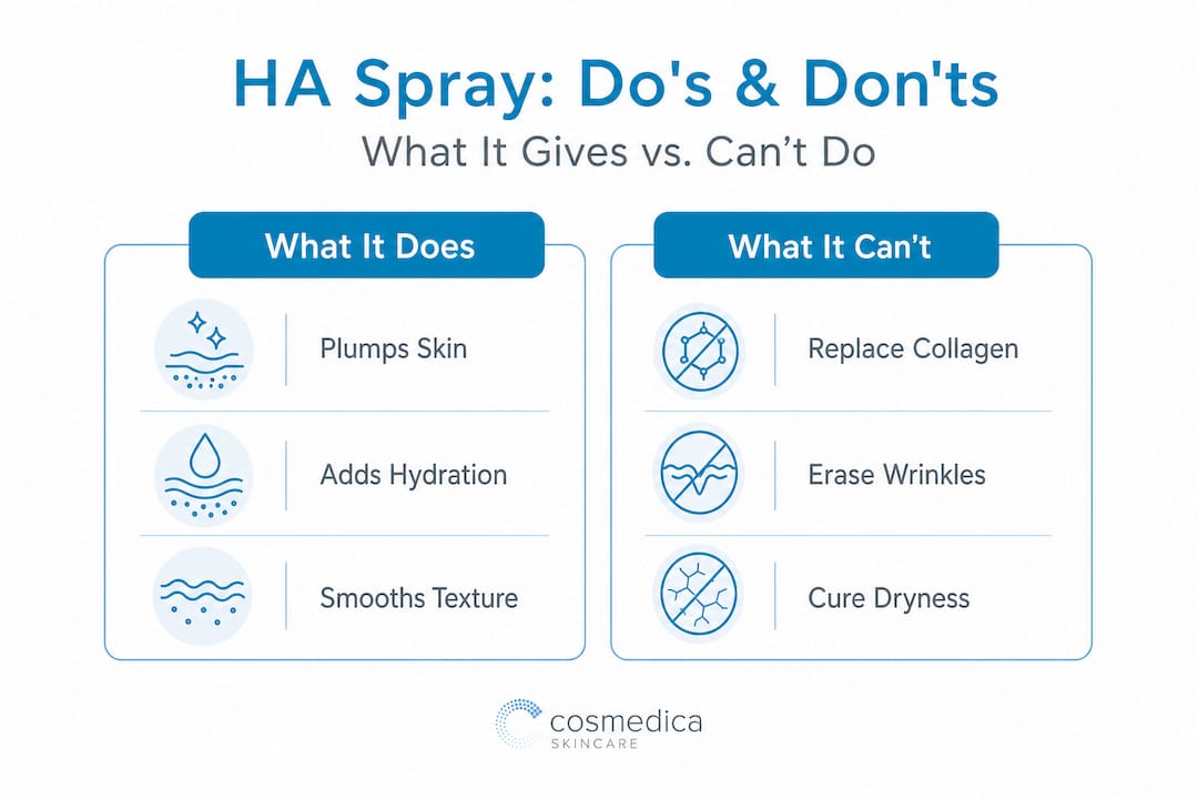 Infographic comparing hyaluronic acid spray benefits and limits
