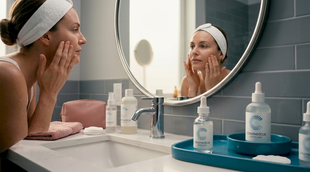 Woman applying facial serum at home bathroom