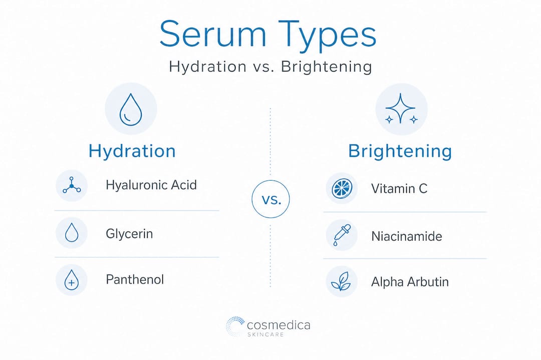 Infographic comparing hydration versus brightening serums