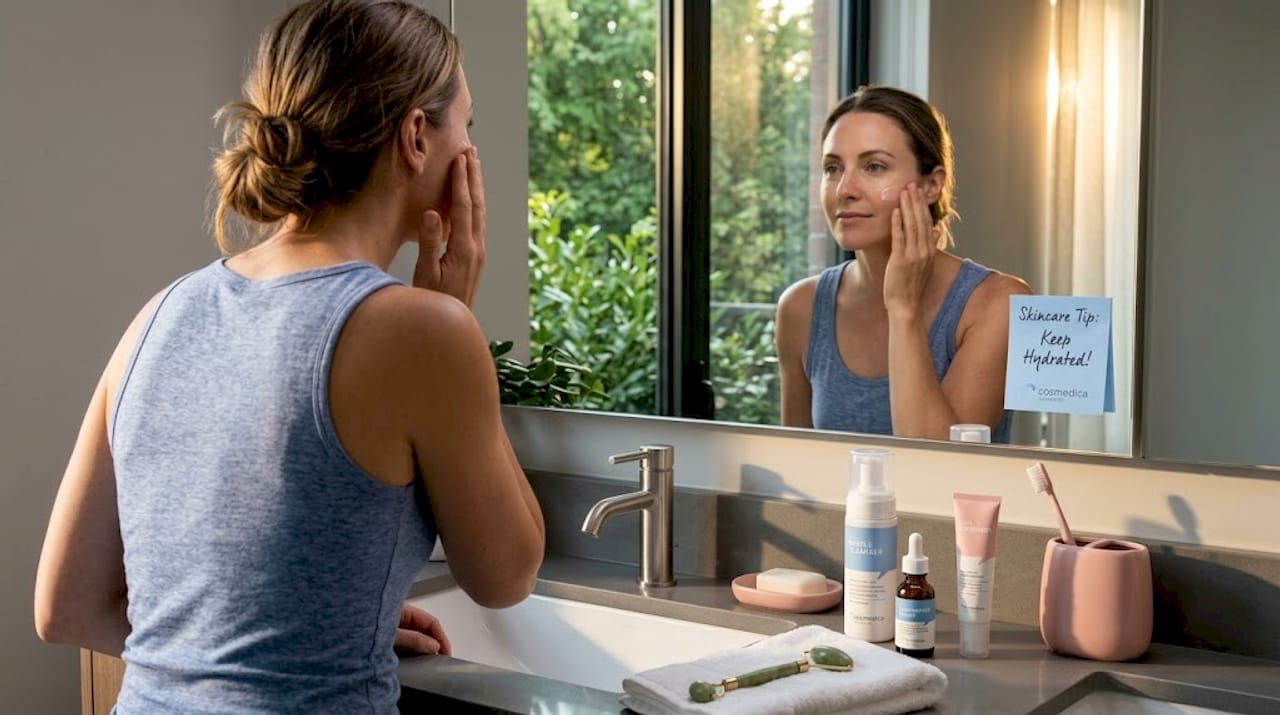 Woman applying moisturizer in bright bathroom with skincare products