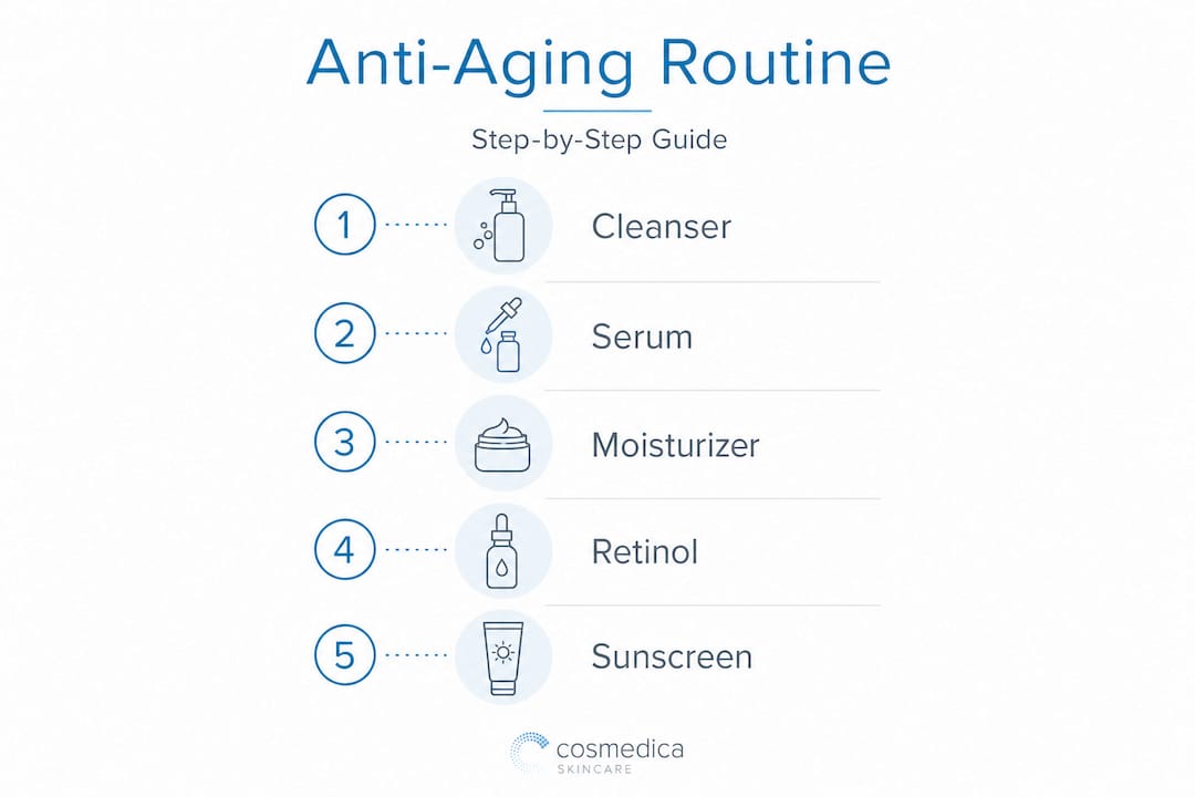 Infographic showing five-step anti-aging skincare process