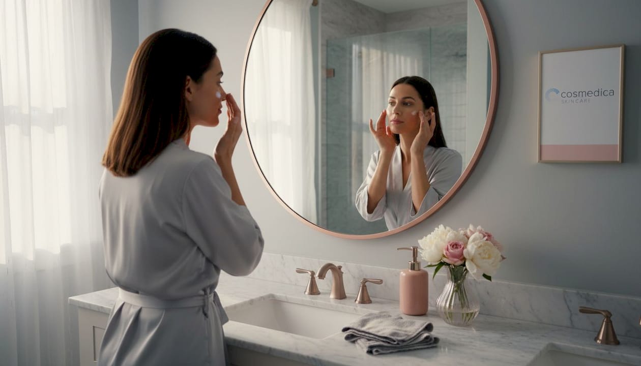 Woman applies moisturizer in bathroom