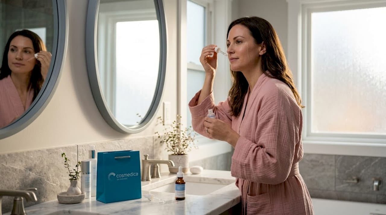 Woman applying serum in home bathroom