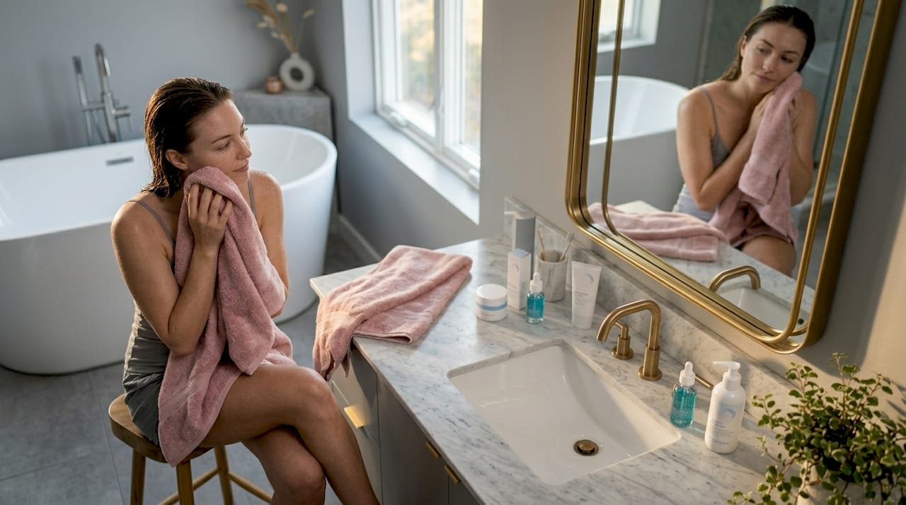 Woman checks skin type in bathroom mirror