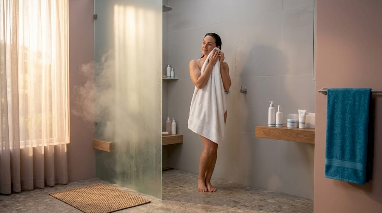 Woman taking gentle lukewarm shower