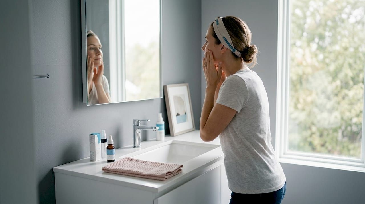 Woman applies serum in bright bathroom