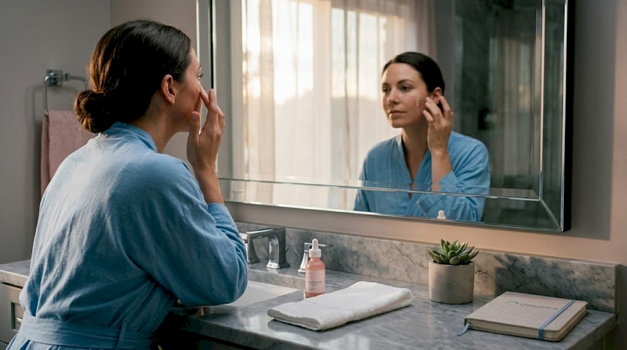 Woman applying hyaluronic serum at bathroom counter