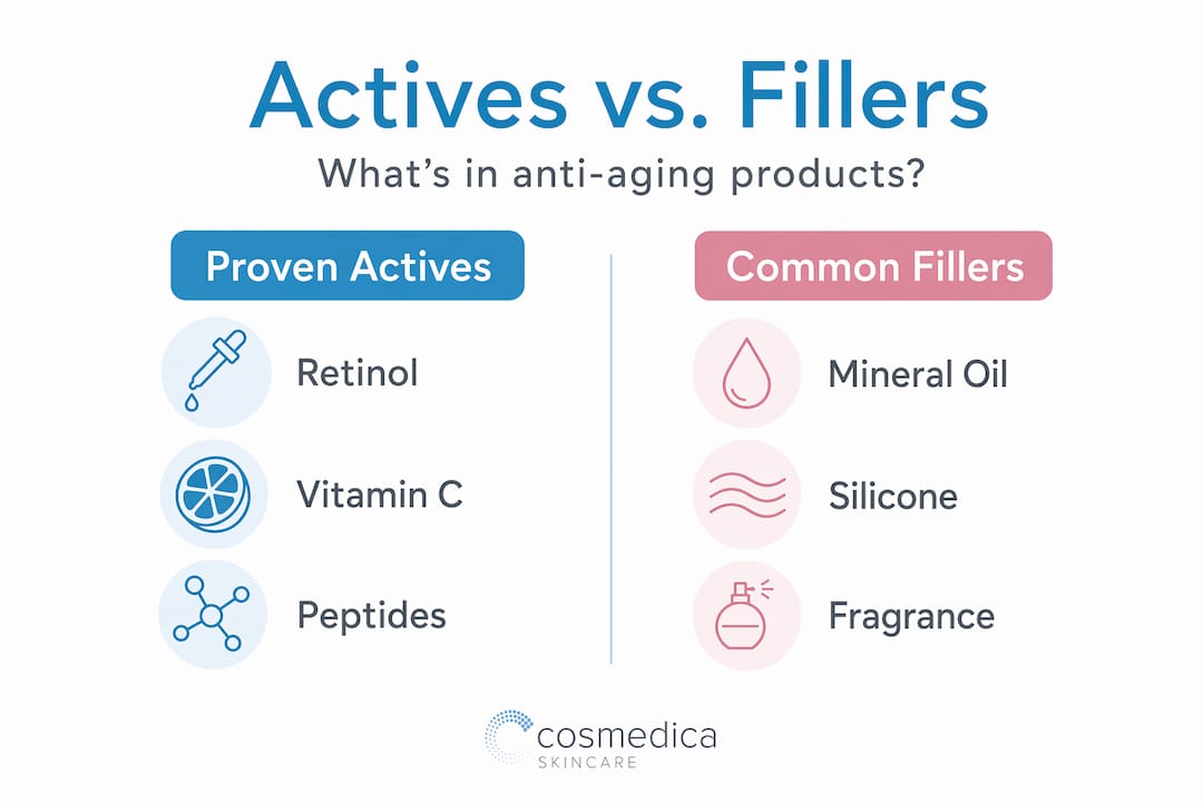 Infographic comparing actives and common fillers in anti-aging products