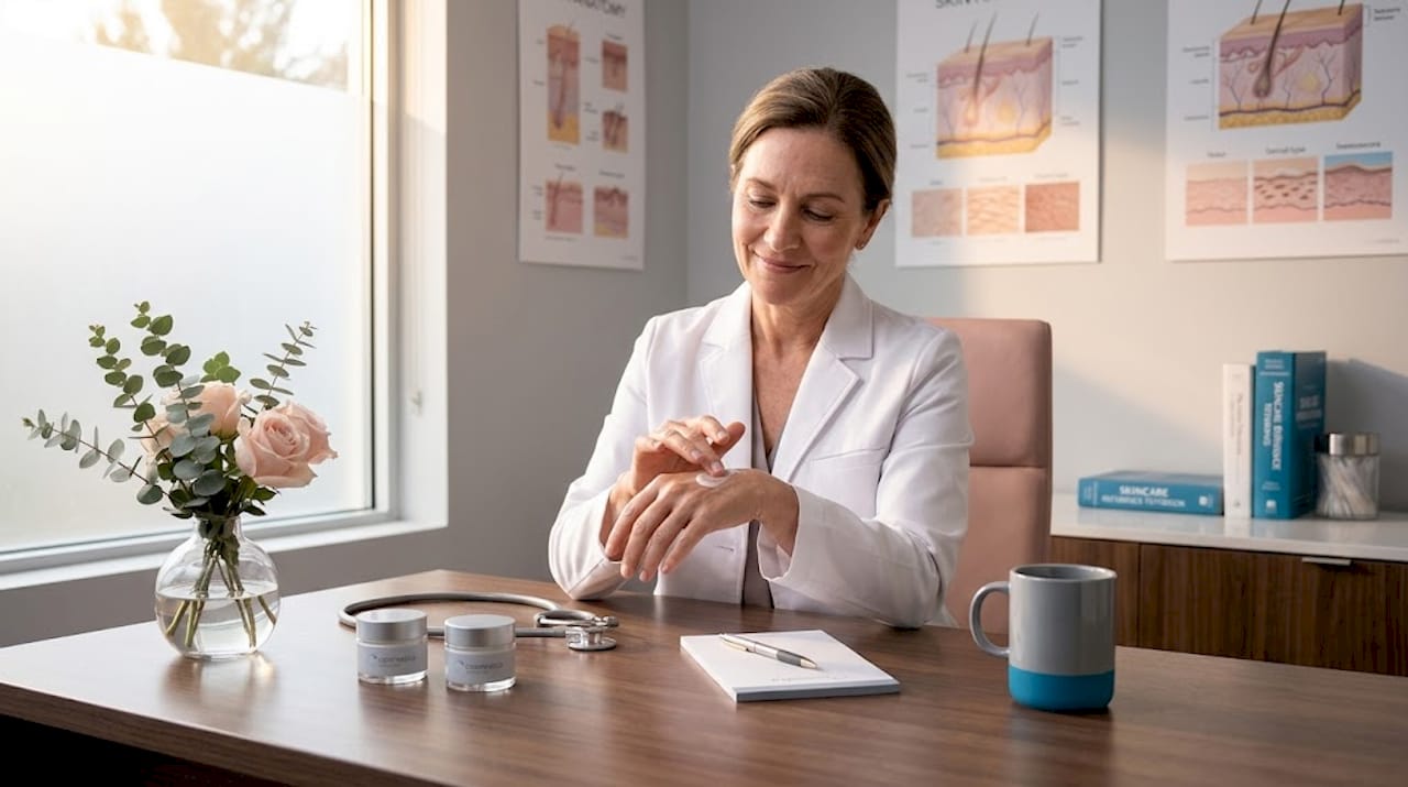 Dermatologist applying moisturizer at a clinic desk