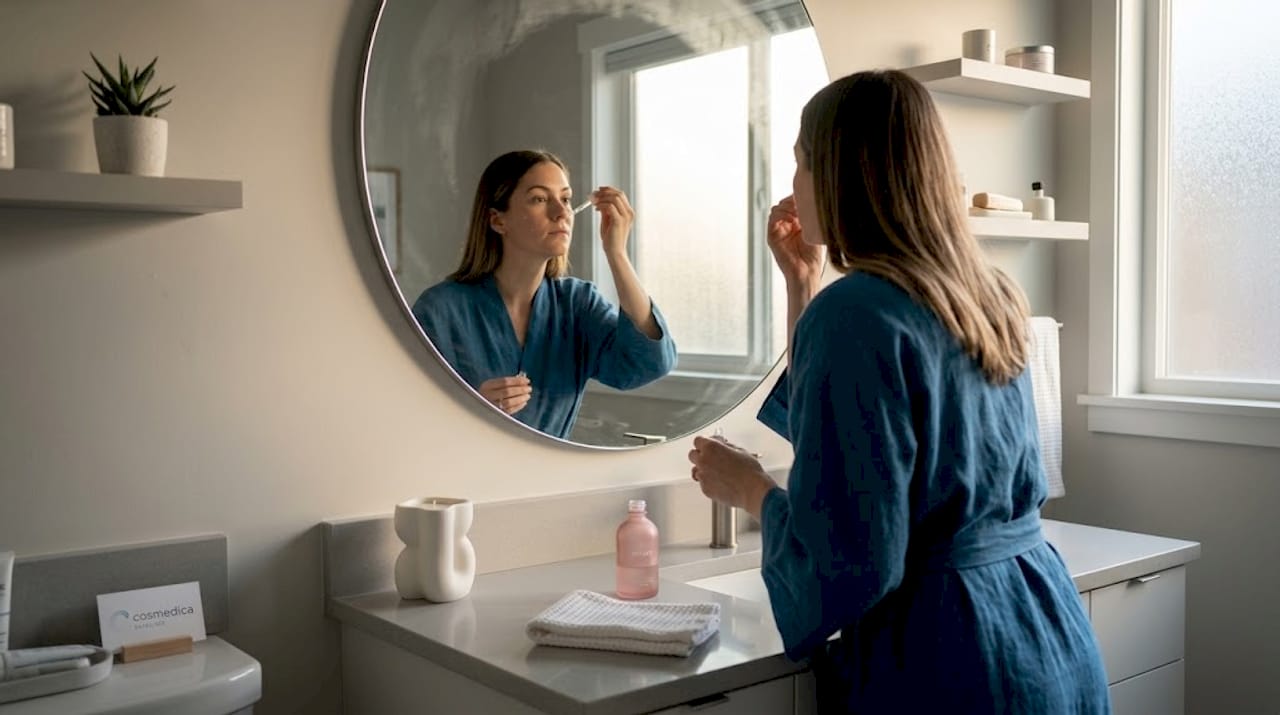 Woman applying serum in softly lit bathroom